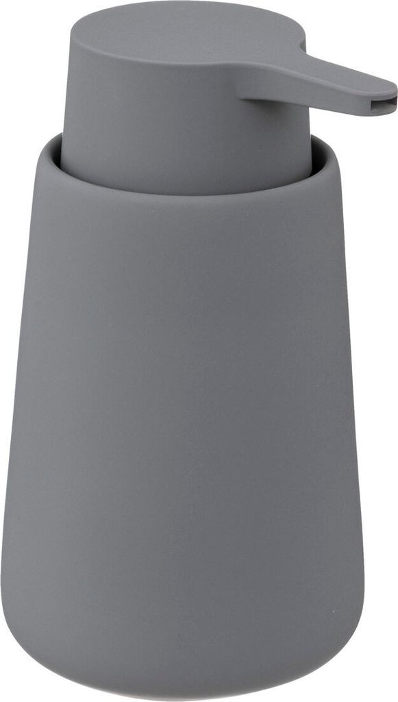 A gray ceramic soap dispenser.