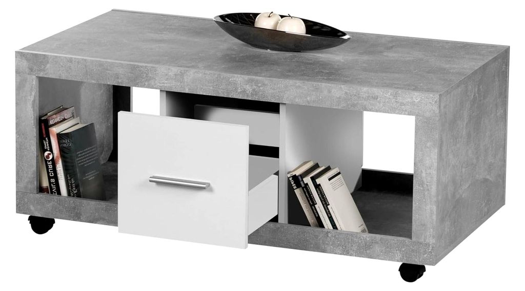 Moderner Couchtisch auf Rollen in Betonoptik, Weiß - mobiler Sofatisch mit Ablagefächern und Schubladen für Ihr Wohnzimmer - 115 x 50 x 60 cm (B...