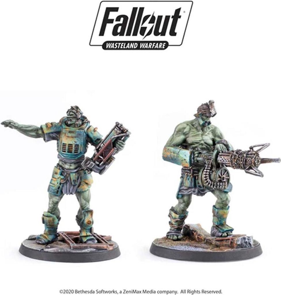 Two Fallout Super Mutant miniatures on display, with the game logo above.
