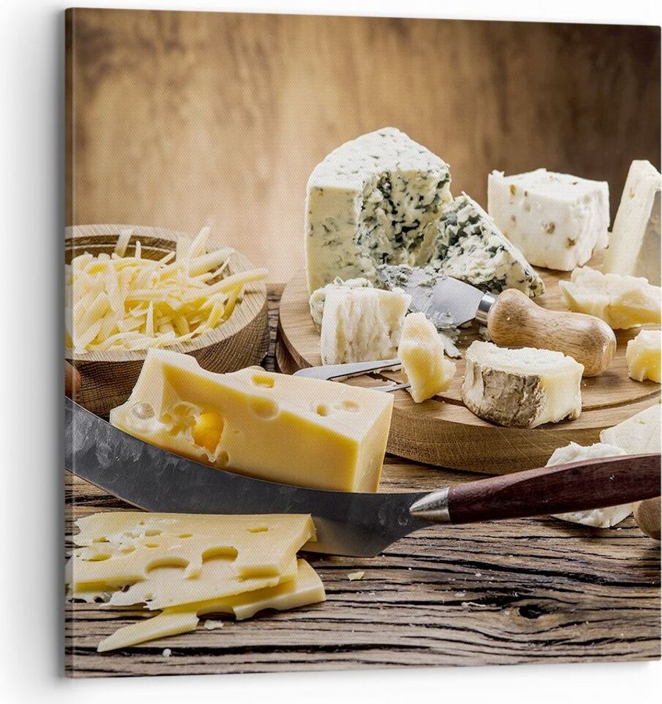 Bild auf Leinwand - Leinwandbild - Käse Schreibtisch Essen Essen - 70x70cm - Wand Bild - Wanddeko - Leinwanddruck - Bilder - Kunstdruck - Wanddeko...