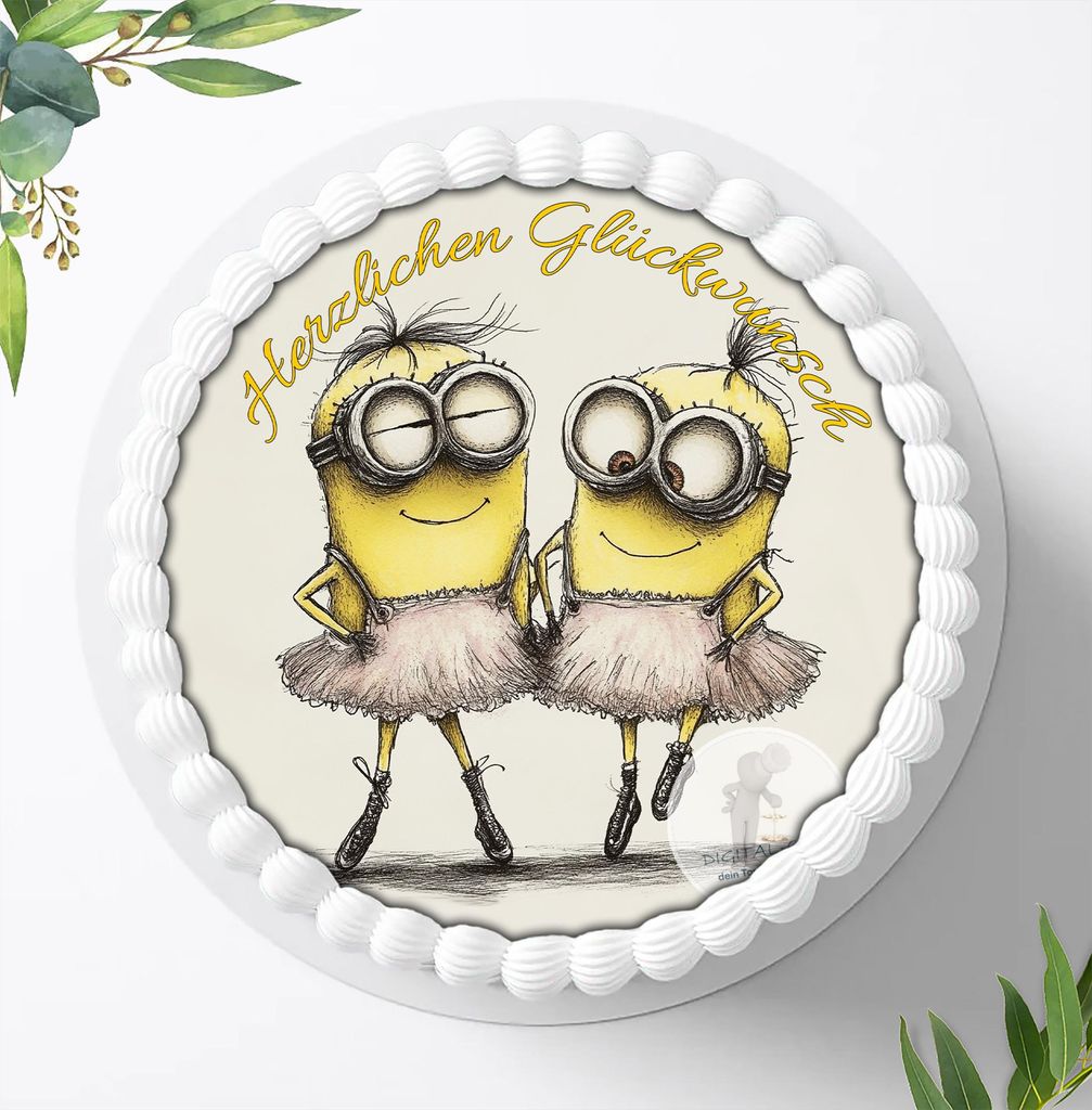 Für die Geburtstags Torte ein Tortenaufleger, Zuckerbild mit dem Motiv: Minions, Essbares Foto für Torten, Fondant, Ø 20cm, 2455z