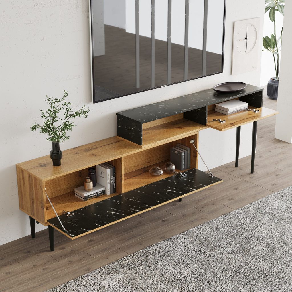 Moderner TV-Ständer mit Marmor und Holz Maserung Design PVC-Kante Eisenbeinen dunkle Holzfarbe Heimdekoration platzsparend langlebig und langlebig