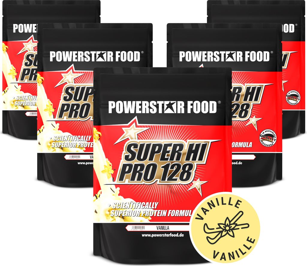 Powerstar SUPER HI PRO 128 | Mehrkomponenten Protein-Pulver 5x1kg | Höchste Biologische Wertigkeit | Protein-Shake zum Muskelaufbau | Vanilla