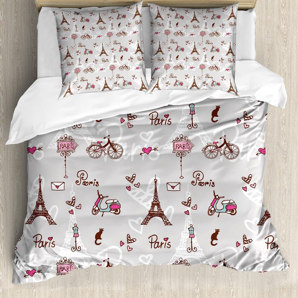 ABAKUHAUS Paris Bettbezug Set, Muster mit Vespa Bikes Mannequin Eiffelturm Herzen Doodle Style Design, 200 x 200 cm + 80 x 80 cm, Baby Blue Brown u...