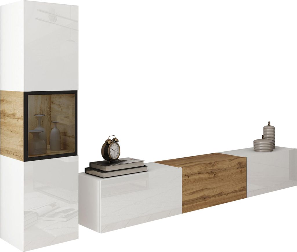 MIRJAN24 Wohnwand Berlin I, Stilvoll Wohnzimmer-Set, TV-Schrank, Modern Mediawand (Weiß / Weiß Hochglanz + Wotan Eiche, ohne Beleuchtung)