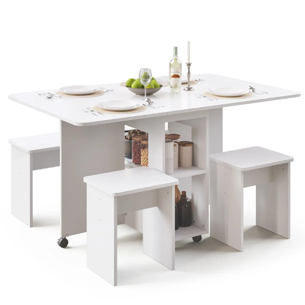 Table à Manger Gain de Place avec 4 Tabourets Encastrables, Blanc