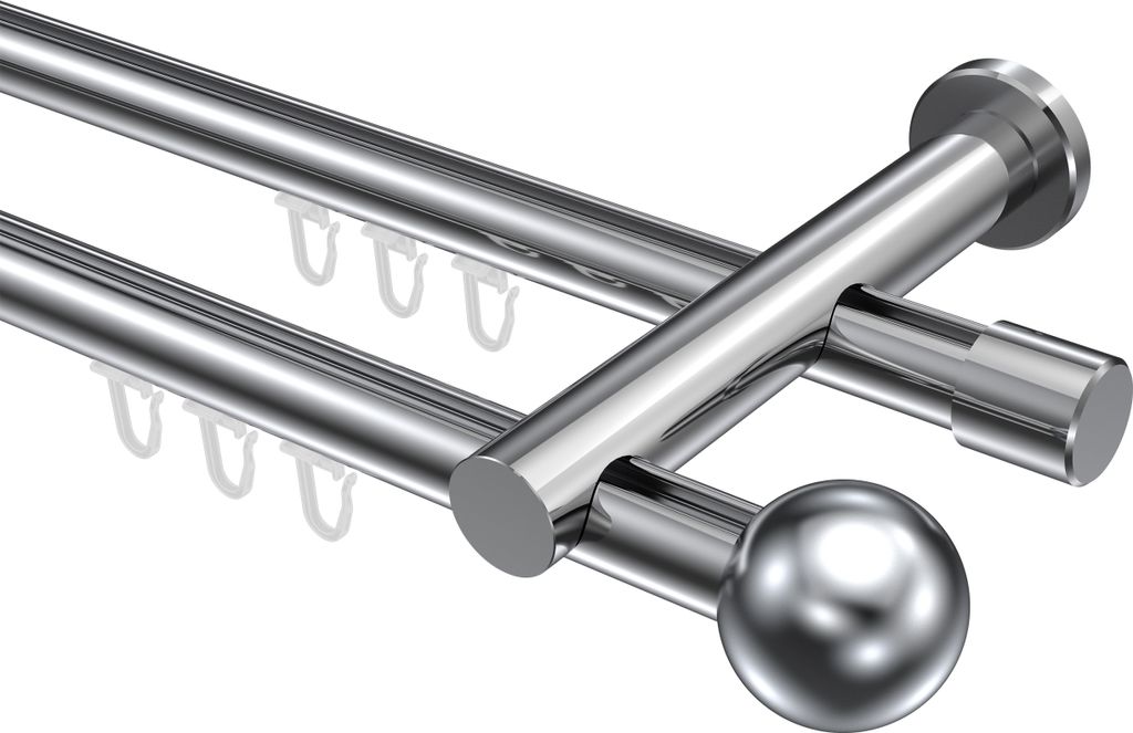 Interdeco Innenlaufstange / Gardinenstange mit Innenlauf Chrom, Typ Platon Luino (Kugel), 20 mm Ø 2-läufig, 120 cm