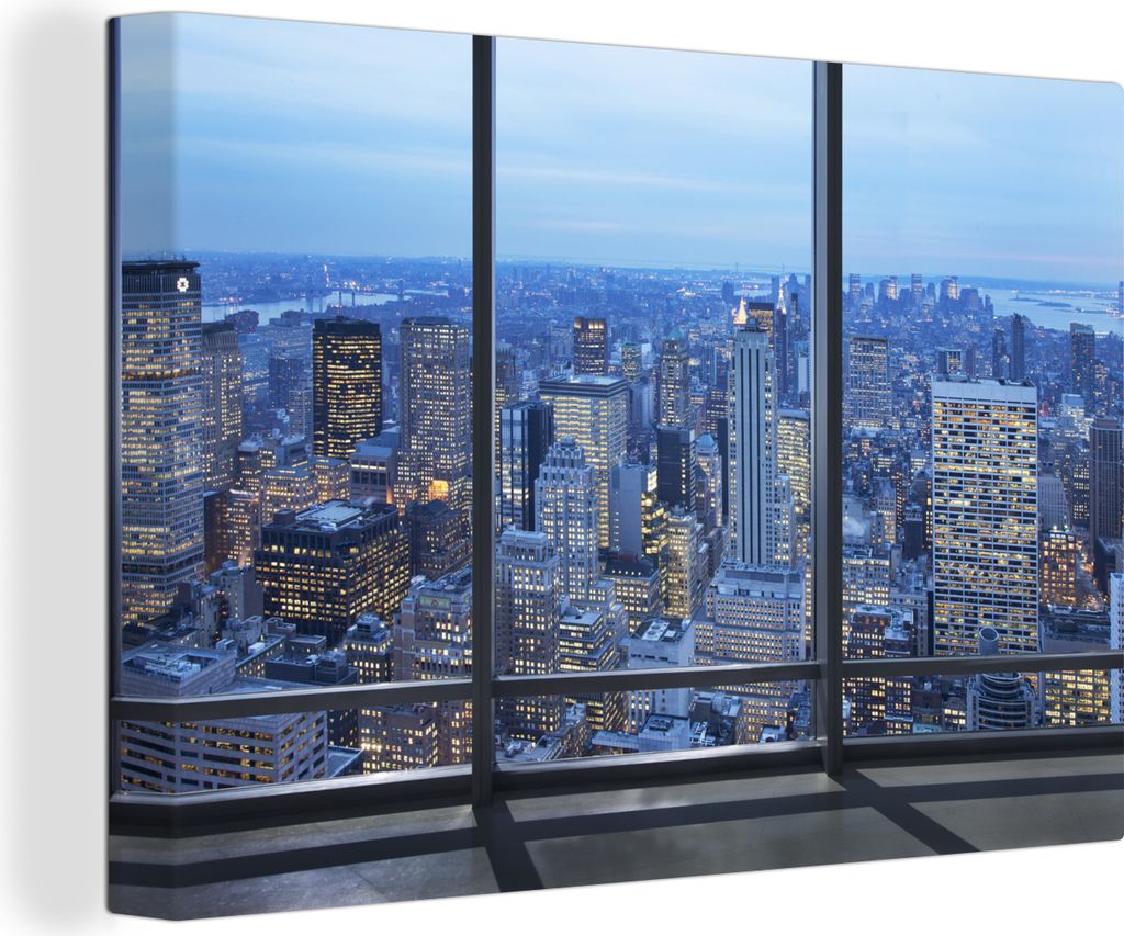 OneMillionCanvasses - Leinwandbilder - 140x90 cm, Ein großes Fenster mit Blick auf eine beleuchtete Stadt, Wandbilder Kunstdruck Wanddekoration ...