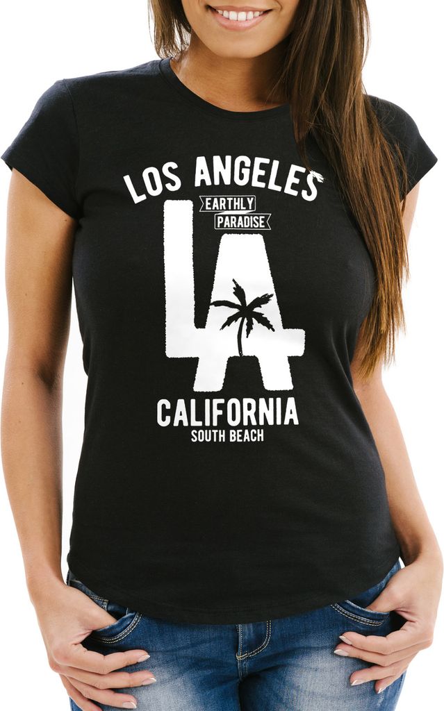 Damen T-Shirt Los Angeles California LA Palme Slim Fit Neverless schwarz L