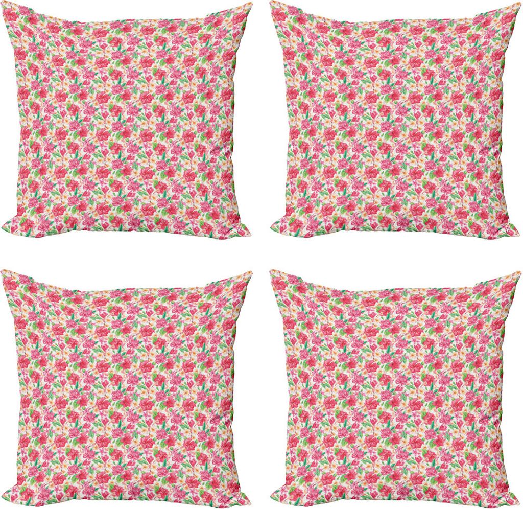 ABAKUHAUS Hibiskus Kissenbezug Set (4 Stück), Sommer tropische Blumen, Moderner Doppelseitiger Digitaldruck, 45 cm x 45 cm, Rosa Jade-Grün-Weiß