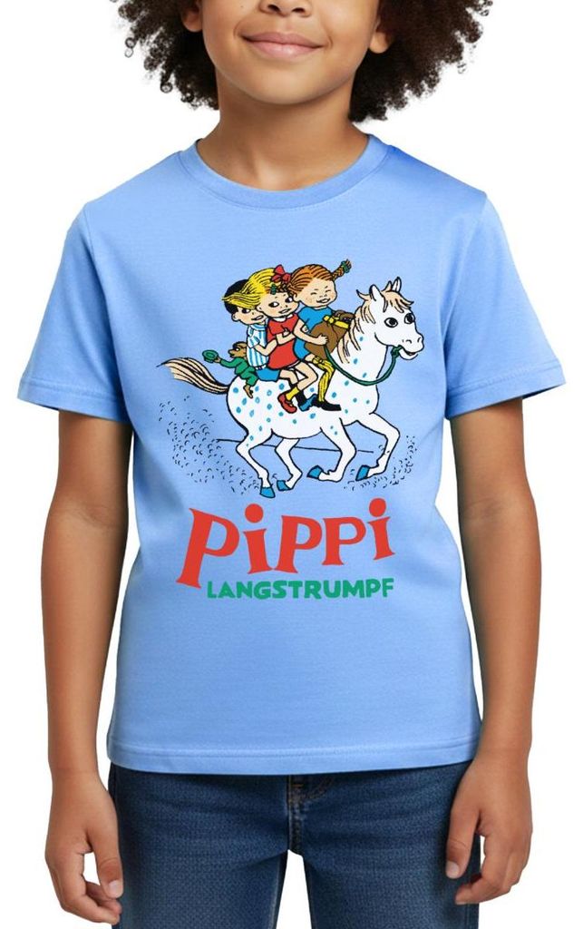 Spreadshirt Pippi Langstrumpf Ausritt Mit Annika Und Tommy Kinder T-Shirt, 110/116 (5-6 Jahre), Himmelblau