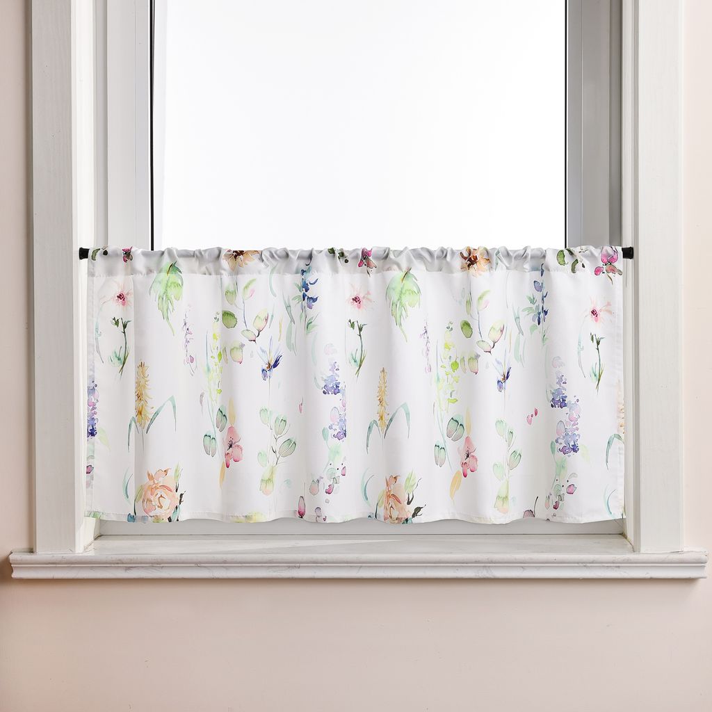 Joyswahl Scheibengardine Bistrogardine Kurz Küche Gardinen mit buntem Blumenmuster Tunnelzug Halbtransparent Weiß HxB 30x90 cm