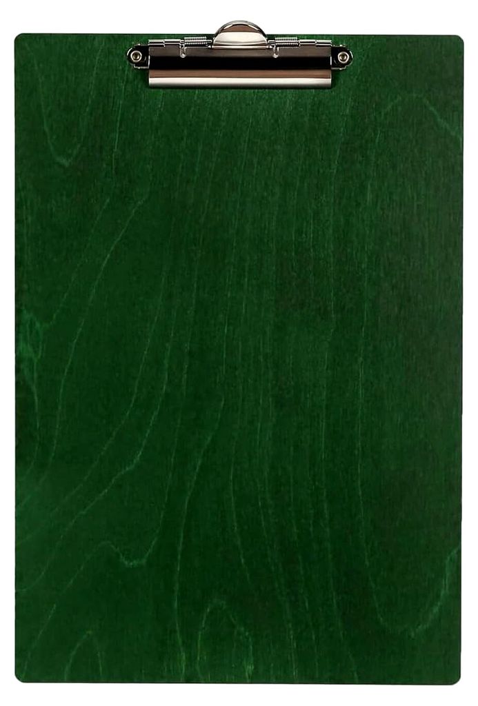 Klemmbrett aus Holz in Standardform für A4 aus 3 mm Birkensperrholz, versiegelt mit widerstandsfähigem Klarlack, Farbe: Dunkelgrün