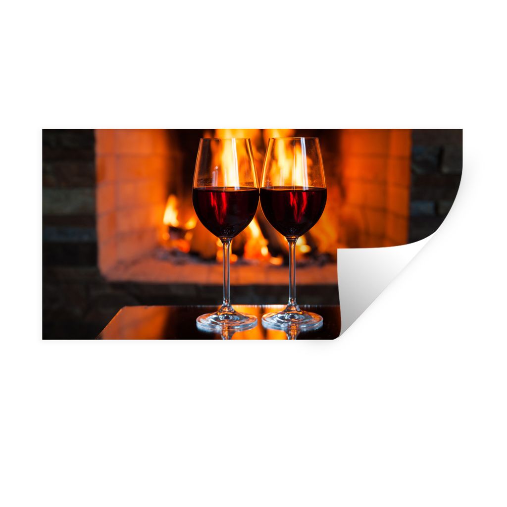 MuchoWow Wandtattoo Wandsticker Wandaufkleber Zwei Gläser Rotwein am offenen Feuer 120x60 cm Selbstklebend und Repositionierbar - Sticker - Deko...