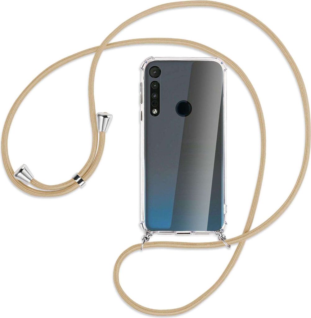 Handykette Backcover-Schutzhülle mit Band (Metall silberfarben) für Motorola One Macro - caramel