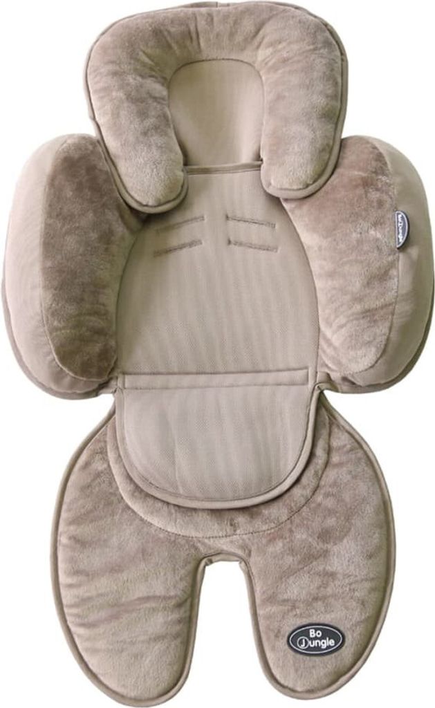 A taupe-colored baby insert for a car seat or stroller, designed for comfort and support.
