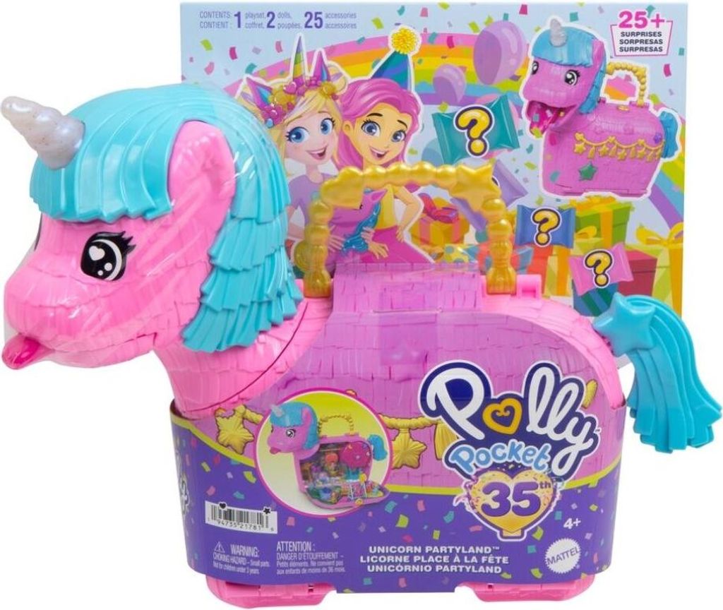 A Polly Pocket Unicorn Party Land toy set in its packaging, featuring a pink unicorn piñata-shaped case with blue accents, and illustrations of characters and party elements on the box.