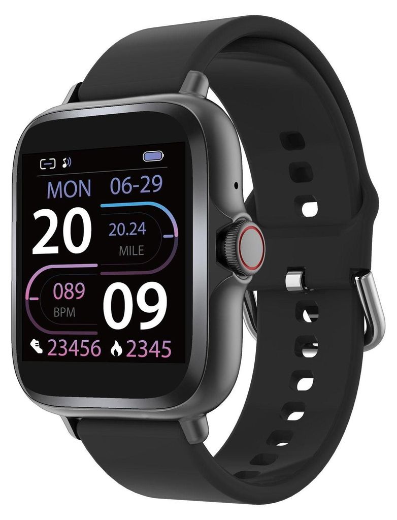 A close-up studio shot of a black smartwatch with a black strap, displayed against a white background.