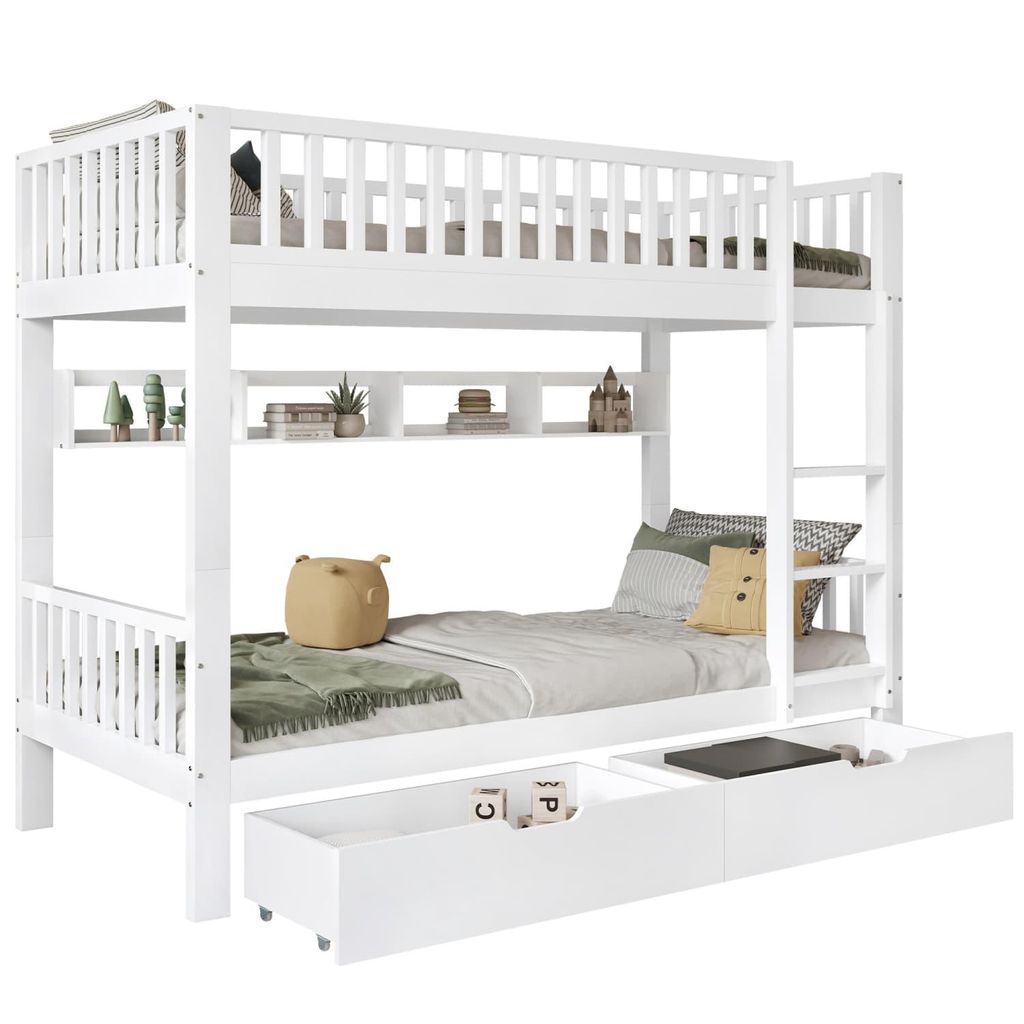 Etagenbett,Kinderbett,mit 3-tufige rechtwinklige Leiter,Links oder rechts montierbare Treppe, mit Fallschutzgitter, Regale und MDF-Schubladen