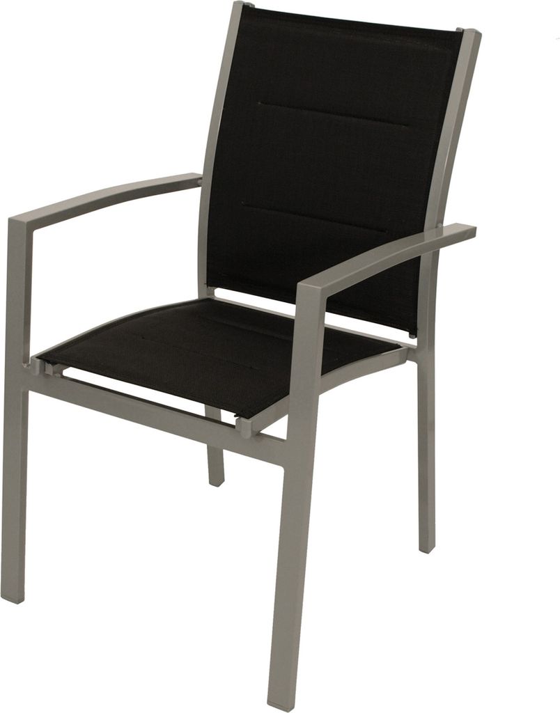 TPFGarden 4ER-SET STAPELSESSEL Wrexham - Gartenstuhl mit Armlehnen, Gestell Aluminium silberfarben, Bezug Kunstgewebe schwarz mit Polsterung, wette...