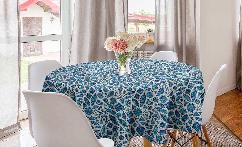 ABAKUHAUS Ethnisch Runde Tischdecke, Tribal Blau Monochrom Boho, Kreis Tischdecke Abdeckung für Esszimmer Küche Dekoration, 150 cm, Pale Grau Azu...