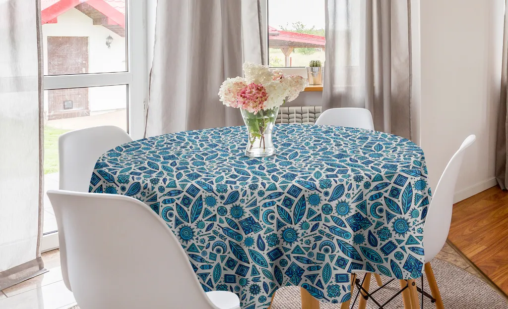 ABAKUHAUS Tovaglia rotonda etnica, Tribal Blu monocromatico Boho, Tovaglia circolare per sala da pranzo Decorazione cucina, 150 cm, Grigio chiaro Blu azzurro