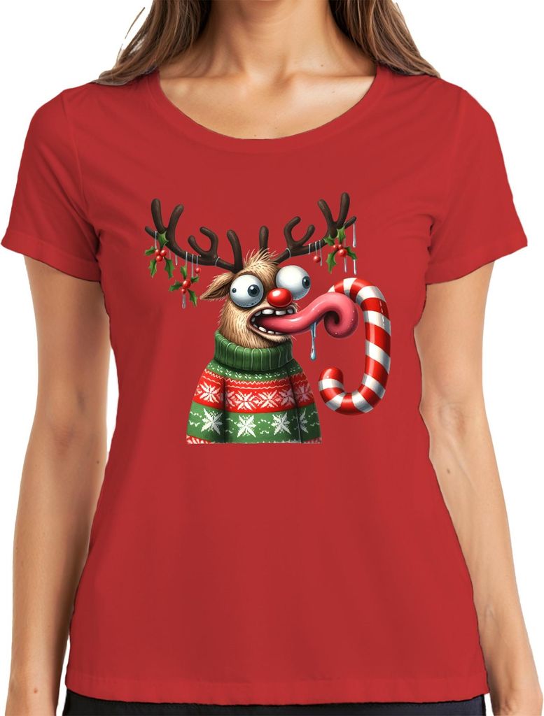 Weihnachten Verrücktes Rentier Zuckerstange lustig Cartoon Damen T-Shirt, Rot, 3XL
