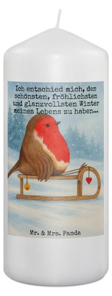 Mr. & Mrs. Panda Kerze Rotkehlchen Schlitten Design 19 x 8 cm - Weiß - Geschenk, Erinnerungslicht, Vogel, Blockkerze, Stumpenkerze, Weihnachten, E...