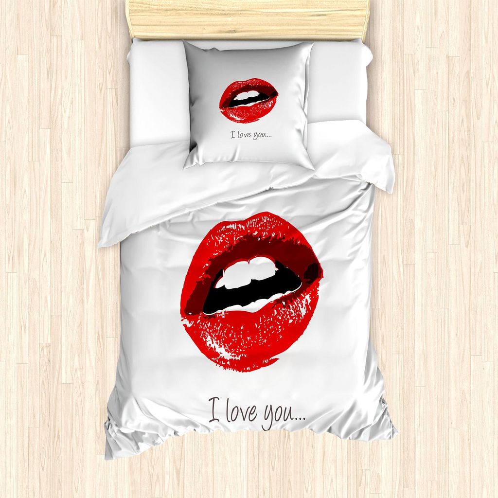 ABAKUHAUS Ich liebe dich Bettbezug Set, Komische verführerische weibliche Lippen in heißem Lippenstift Retrostil, 135 x 200 cm + 80 x 80 cm, Schw...