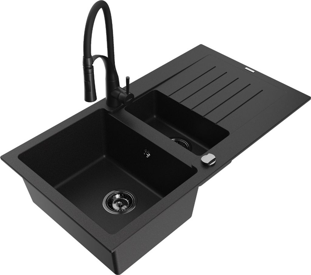 Mexen Matias 1,5-Becken-Granitspüle mit Abtropffläche und Mischbatterie Aster, Schwarz - 6502-77-73450-70-B