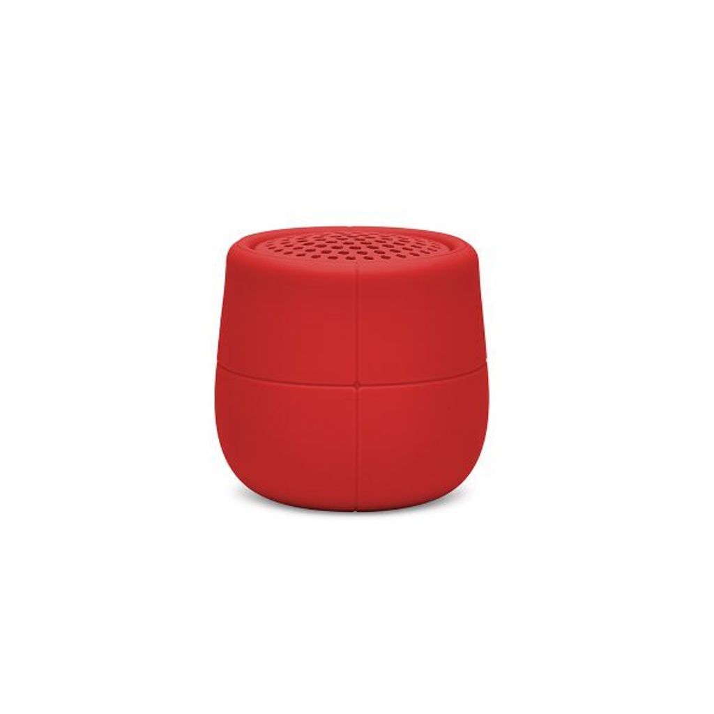 A red Bluetooth speaker is shown against a white background.
