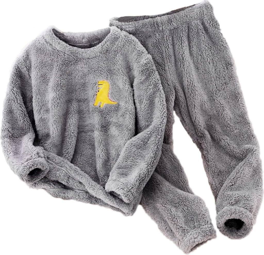 ASKSA Kinder Jungen Maedchen Flauschige Schlafanzuege Warme Fleece Pyjama Set Kleinkind Langarm Nachtwaesche Flanell Hausanzug,Grau,Groesse:140
