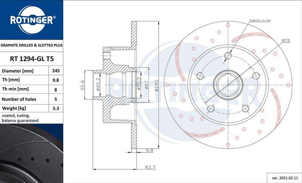 ROTINGER RT 1294-GL T5 Bremsscheibe OE 8D0615301B kompatibel mit A4 8D