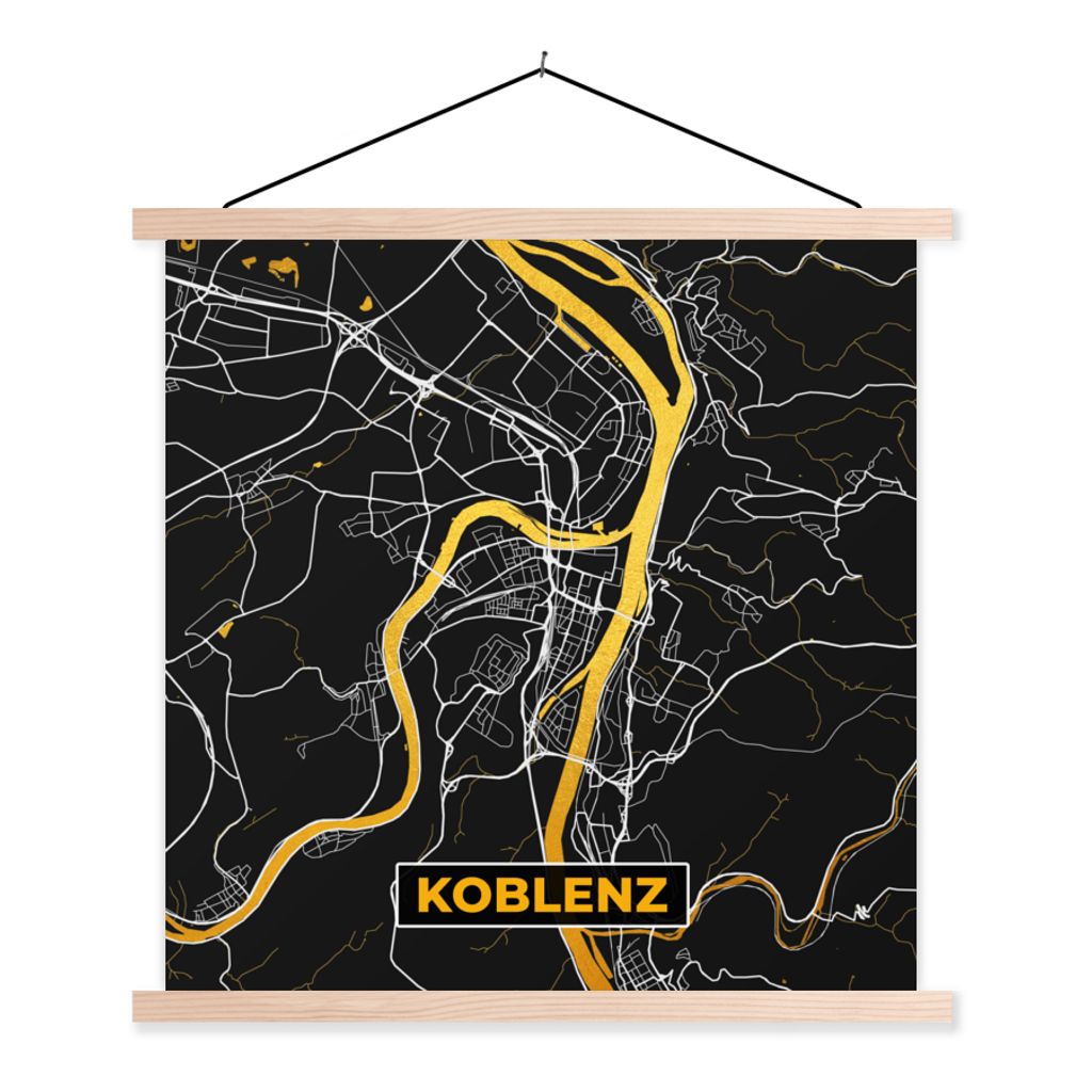 MuchoWow Textilposter Schwarz und Gold - Stadtplan - Koblenz - Deutschland - Karte 60x60 cm mit holzfarbenen Rahmen - Wanddekoration