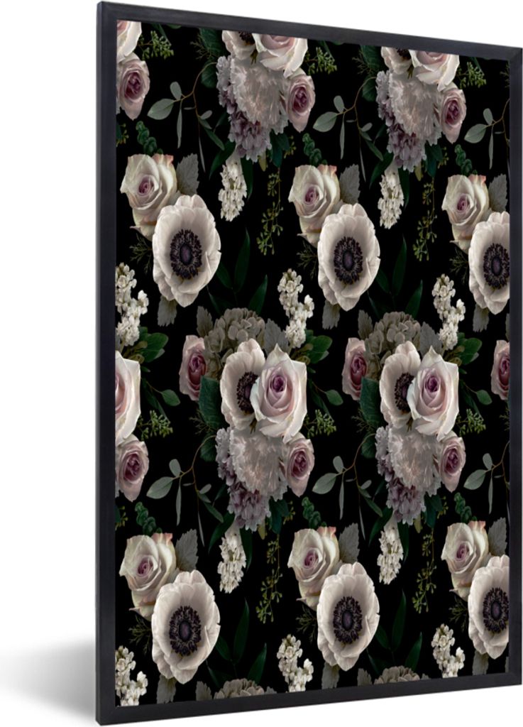 MuchoWow MuchoWow Gerahmtes Poster Blumen - Rose - Anemone 40x60 cm - Poster mit zchwarzem Bilderrahmen - Papierdruck - Wandbilder