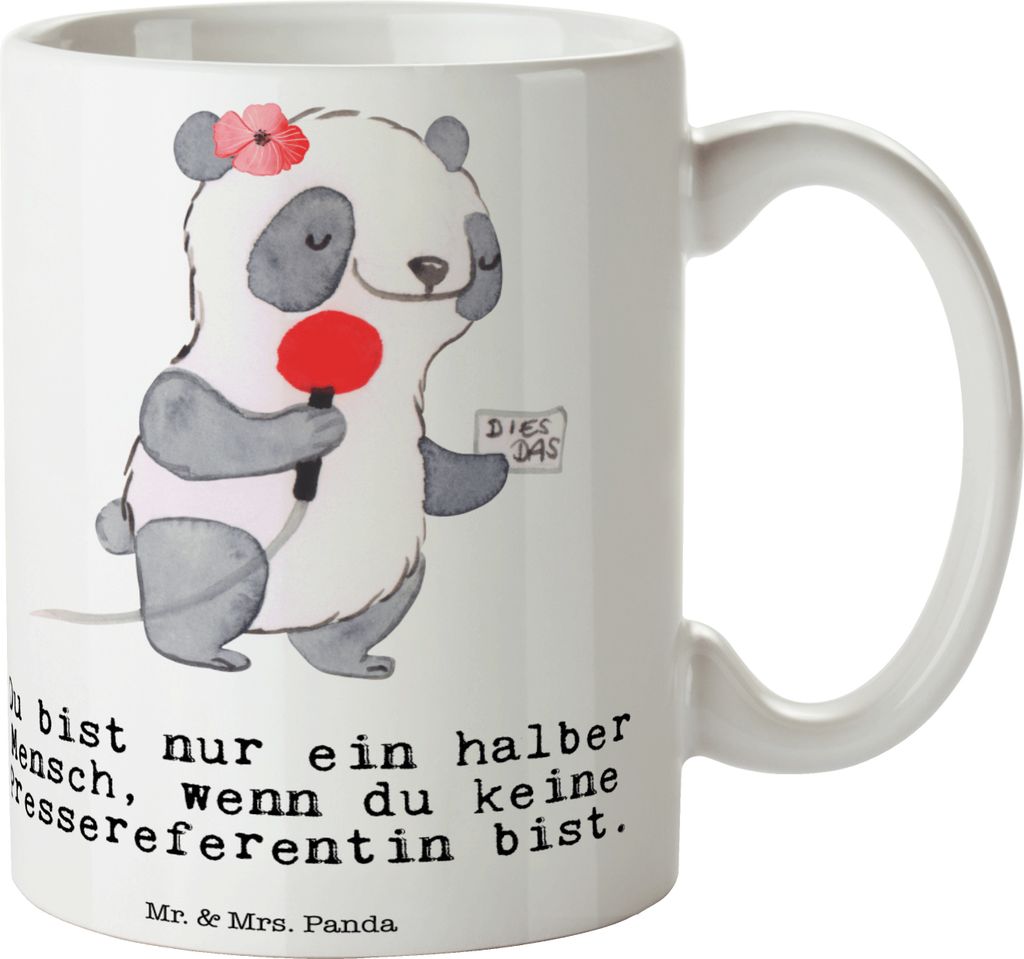 Mr. & Mrs. Panda Tasse Pressereferentin Herz - Weiß - Geschenk, Studium, Spruch, Becher, Keramiktasse, Kaffeebecher, Geschenktasse, Lustig, Witzig...