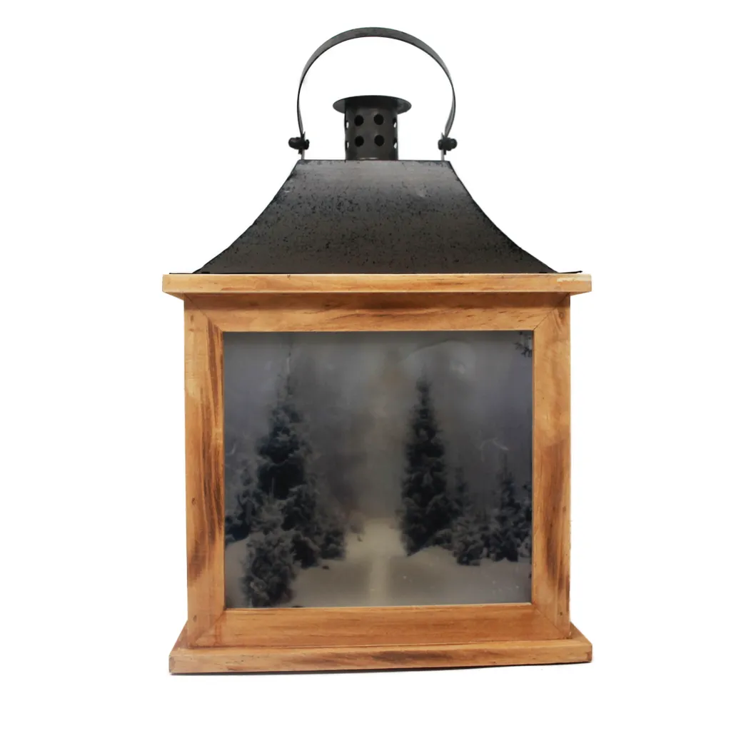 Lanterne lumineuse paysage d'hiver 30cm en bois brun avec éclairage LED - 3