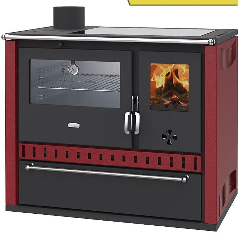 Prity GT FI G DR – Holzherd, Edelstahlbackofen, Glaskeramikkochfeld, Schublade, 15 kW, Bordeaux Links