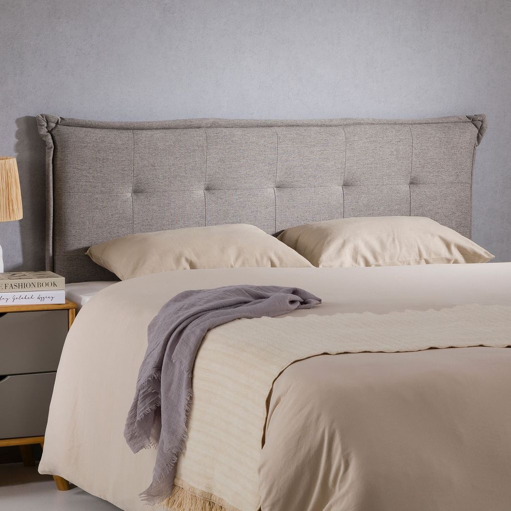 Kopfteil ZELOX mit Holzbeinen 160 cm in Grau - gepolsterte Bettrückwand für Doppelbetten, Headboard mit hochwertigem Stoffbezug & gestepptem Look