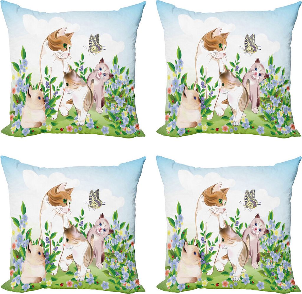 ABAKUHAUS Katze Kissenbezug Set (4 Stück), Glückliche Kätzchen, Moderner Doppelseitiger Digitaldruck, 40 cm x 40 cm, Mehrfarbig
