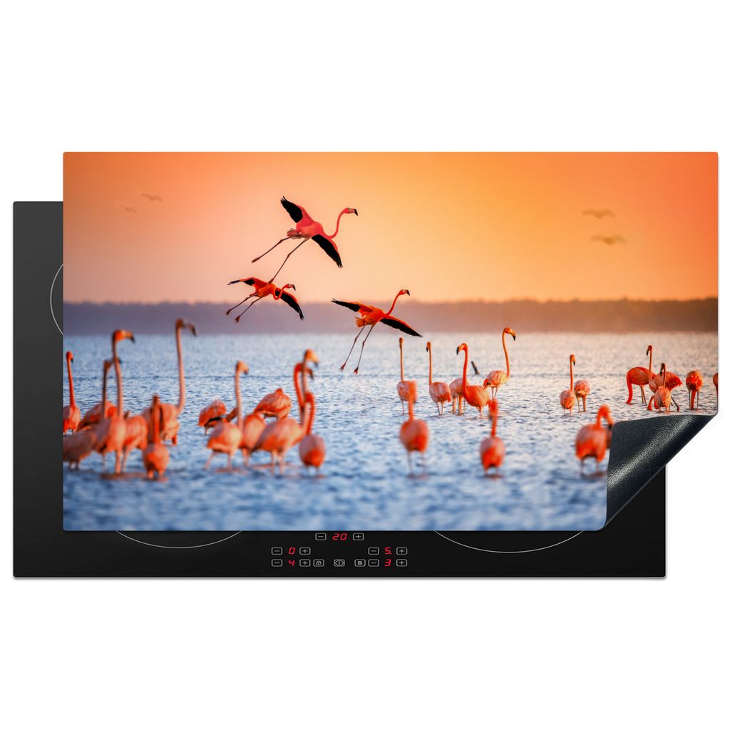 KitchenYeah Herdabdeckplatte Vogel - Flamingo - Wasser - Sonnenuntergang - Rosa , 91x52cm, Küche Deko, Glaskeramikkochfeld Herdabdeckung, Abdeck...