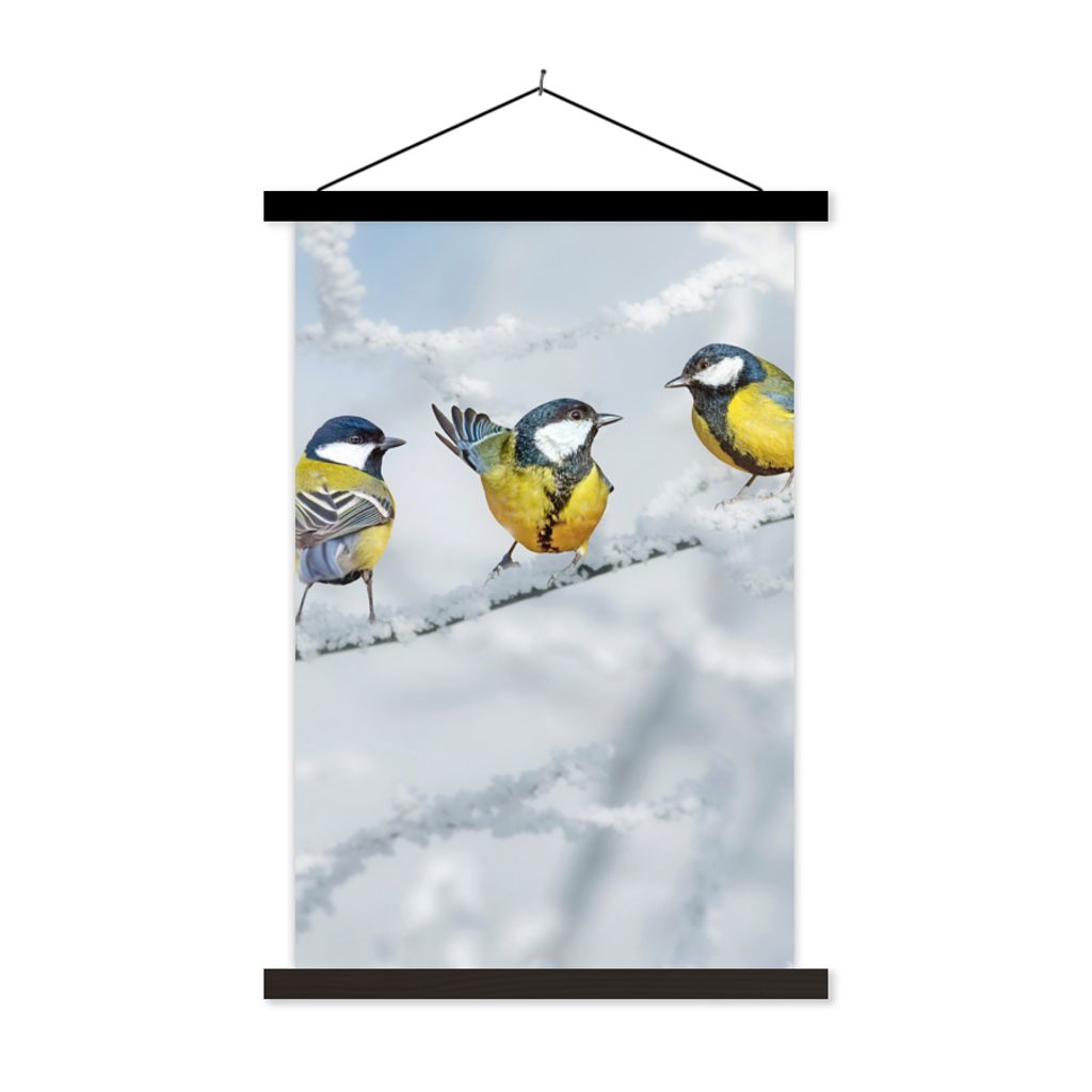 MuchoWow Textilposter Vogel - Kohlmeise - Winter - Schnee - Zweige 60x90 cm mit schwarzem Rahmen - Poster Wohnzimmer