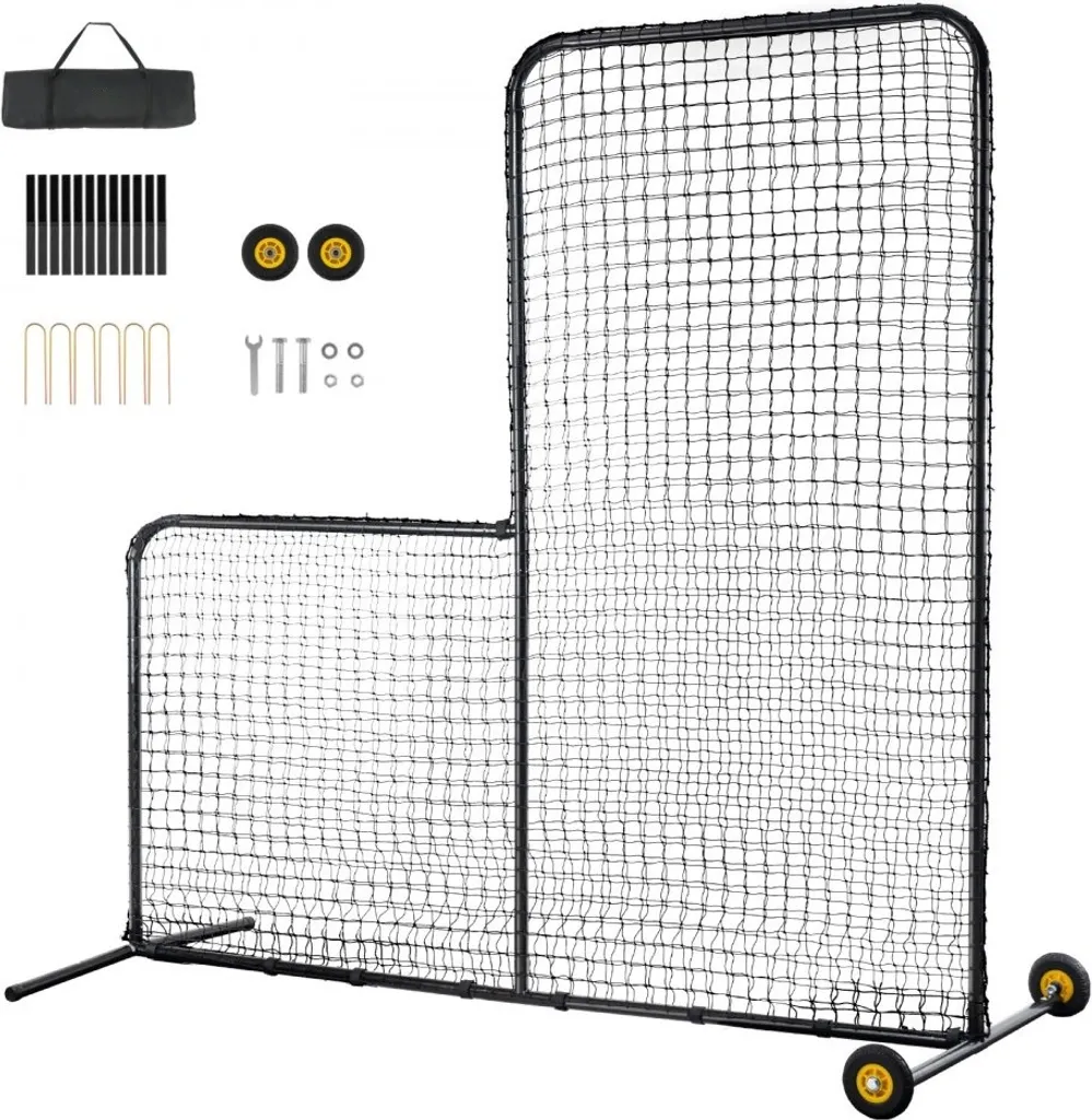 Filet de baseball pitching type L robuste 213cm avec roues intégrées