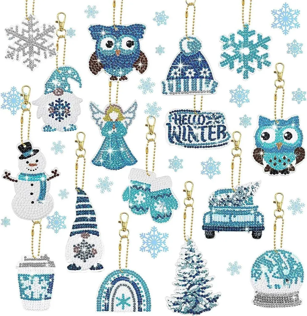 Porte-clés Noël Diamond Painting 5D à strass brillants Lot de 16