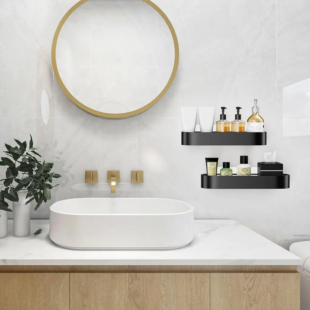 Lot de 2 étagères de douche noires inox inoxydables avec fixations 3M