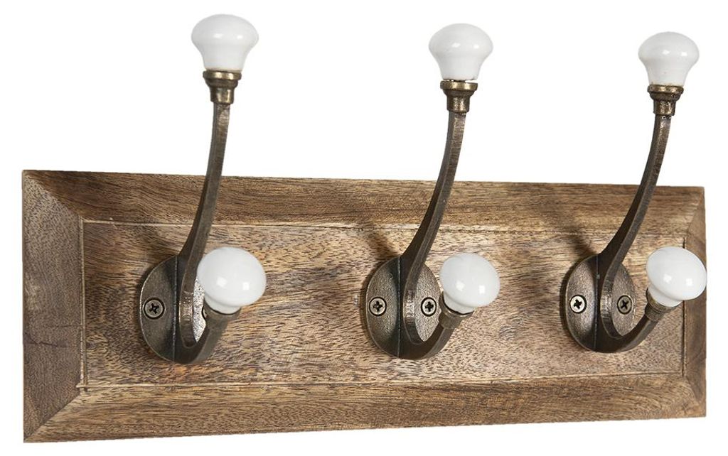Clayre & Eef Wandgarderobe 3 Haken 30x8x10 cm Braun Weiß Holz