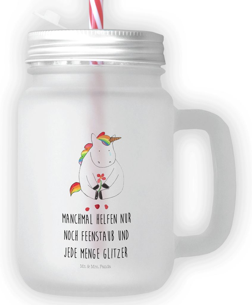 Mr. & Mrs. Panda Glas Einhorn Traurig - Transparent - Geschenk, Unicorn, Trauer, Liebe, Henkelglas, getränkebecher, Für Smoothies, Einhörner, Co...