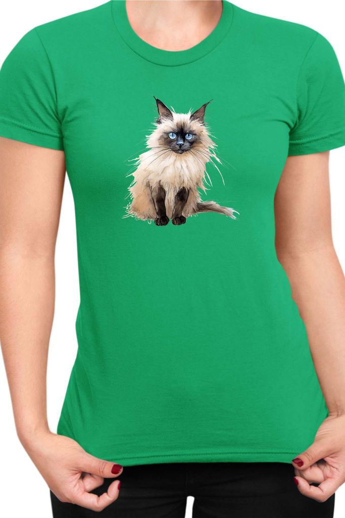 Damen T-Shirt Funny Cats Breeds Birman Cat 014, Lady 2XL / Grün