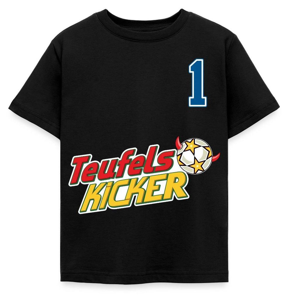 Spreadshirt Teufelskicker Trikot Mit Logo Nr. 1 Kinder T-Shirt, 98/104 (3-4 Jahre), Schwarz