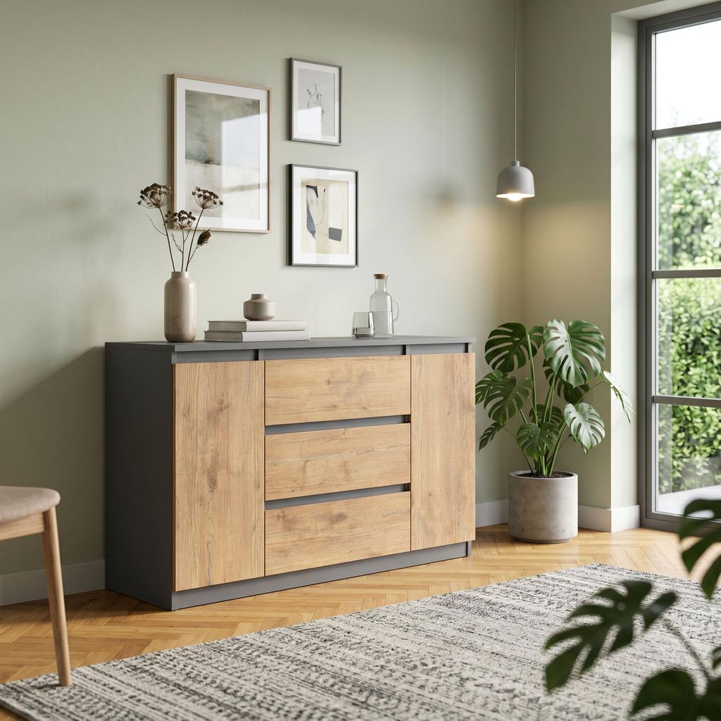 Masseno Kommode NUDO 120 cm Sideboard mit 3 Schubladen und 2 Türen für Wohnzimmer Schlafzimmer Modern 120x39x78,5 cm Anthrazit / Eichefarben
